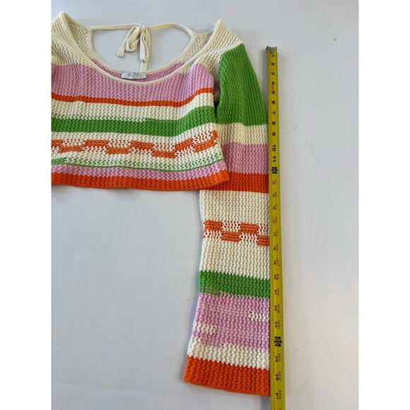 Grey Bandit Crochet Knit Striped Cropped Blouse Womens XL Beach Coastal Fairy - Picture 6 of 16